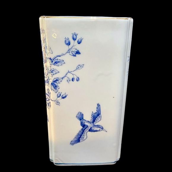 Andrea by Sadek Porcelain Flower Frog Chinoiserie Blue White with Birds - Picture 6 of 9